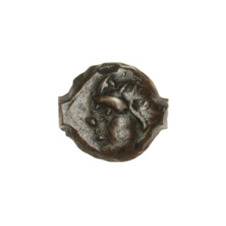 Bronze coin from Pantikapaion, obverse: head of a beardless Satyr in an ivy wreath facing left;