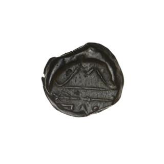 Bronze coin, Pantikapaion; obverse: head of beardless Satyr in ivy wreath facing left; reverse: bow