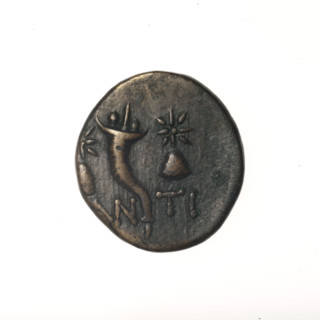 Bronze coin from Pantikapaion; obverse: head of bearded satyr in ivy wreath facing left; reverse: