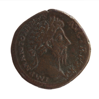 sestertius, Marcus Aurelius (121–180; Roman emperor 161–180) (issuer); obverse: Head of Marcus