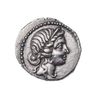 Denarius, Julius Caesar (100–44 BC; Roman dictator 49–44 BC), publisher. Obverse: Head of Venus