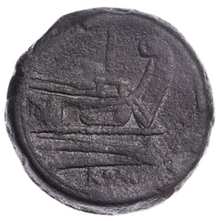 Obv. Head of Janus in a laurel wreath; above value mark I. Continuous border. Rv. Ship's prow at