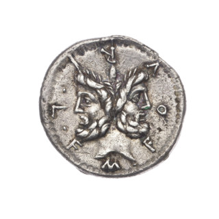 Denarius, M. Furius Philus (fl. 119 BC), 119 BC, Roman Republic. Obverse: Head of Janus in a laurel
