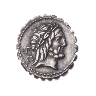 Denarius serratus, Antonius Balbus, Q. (fl. 83–82 BC), publisher. Obverse: Head of Jupiter in a
