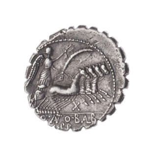 Denarius serratus, publisher Q. Antonius Balbus (fl. 83–82 BC). Obverse: Head of Jupiter right,