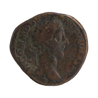 Sestertius of Commodus (161–192; Roman emperor 177–192). Obverse: Head of Commodus in a laurel