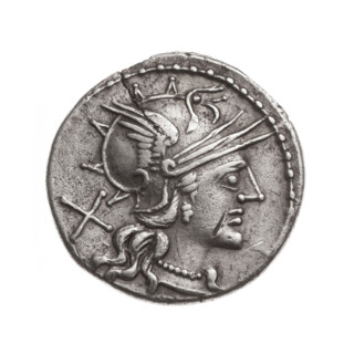 Denarius; issuer: T. Annius Rufus (fl. 144 BC), moneyer. Obverse: Helmeted head of Roma right;