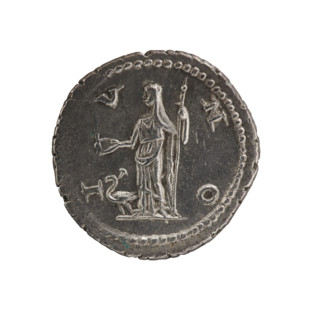 Denarius; obverse: draped, pearl-bordered bust of Julia Maesa facing right with inscription