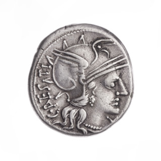 denarius, Antestius, C. (fl. 146 BC), publisher; Obv. Head of Roma in helmet at right; behind it