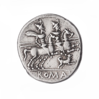 denarius, Antestius, C. (fl. 146 BC), publisher; Obv. Head of Roma in helmet at right; behind it