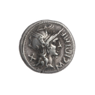 Denarius; maker: M. Cipius (fl. 115–114 BC), publisher. Obverse: Head of Roma in helmet facing