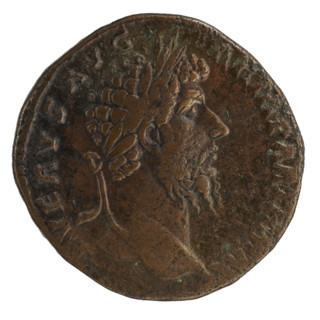 Sestertius of Lucius Verus (130–169; Roman emperor 161–169). Obverse: Head of Lucius Verus in a
