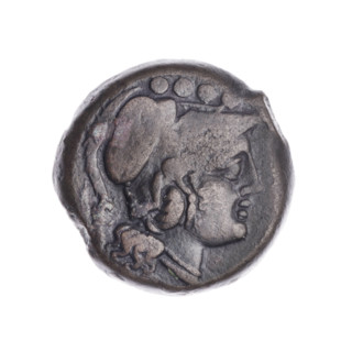 Triens; obverse: head of Minerva right wearing Corinthian helmet; above value mark OOOO. Reverse: