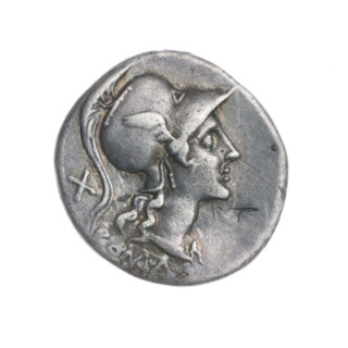 Denarius; obverse: head of Roma in a Corinthian helmet facing right; below inscription ROMA; behind