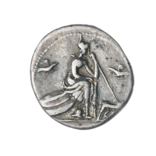 denarius; obverse: head of Roma in a Corinthian helmet facing right, below inscription ROMA, behind