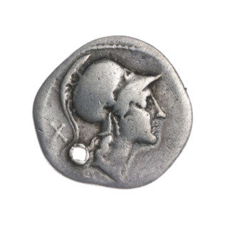 Denarius; obverse: head of Roma in a Corinthian helmet right; below the inscription; behind her the