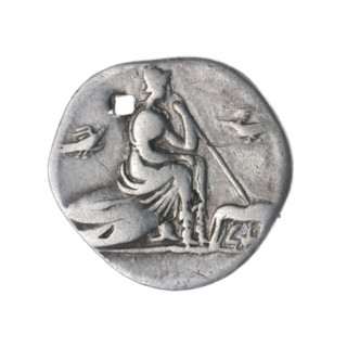 Denarius; Obv.: Head of Roma in a Corinthian helmet facing right; below the inscription; behind her