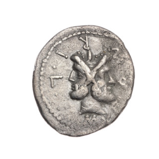 Denarius by M. Furius Philus, 119 BC. Obverse: head of Janus in a laurel wreath; inscription M
