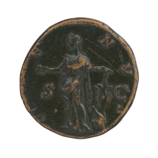 sestertius of Faustina the Younger (ca. 130–176; Roman empress 161–176), dated 147–161. Obverse: