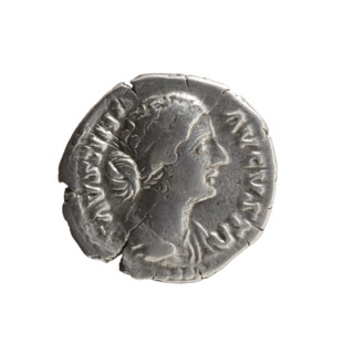 Denarius featuring bust of Faustina the Younger in drapery facing right with inscription FAVSTINA ·