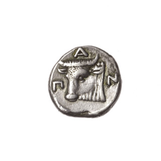 Tetrobol, Pantikapaion; obverse: head of bearded Satyr three-quarters left; reverse: bull head