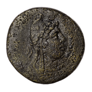 bronze coin, Pantikapaion; aw: head of Attys in a Phrygian cap decorated with stars and in a laurel