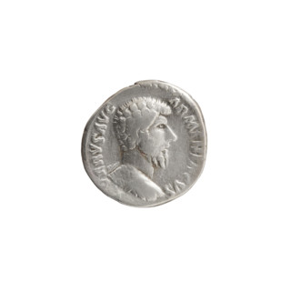 Denarius of Lucius Verus (130–169; Roman emperor 161–169). Obverse: Bust of Lucius Verus naked and