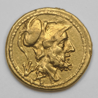 60 aces coin; obverse: head of Mars in a Corinthian helmet facing right; below the value sign an