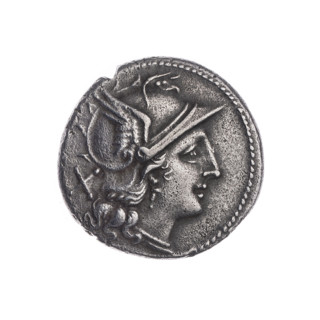 Denarius; obverse: head of Roma wearing helmet facing right, sign of value X behind; beaded border.