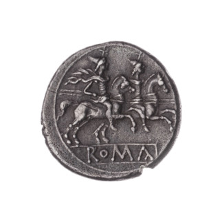 Denarius; obverse: head of Roma wearing helmet facing right, value mark X behind; beaded border.