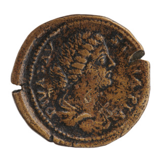 Sestertius, Marcus Aurelius (121–180; Roman emperor 161–180), issuer. Obverse: Bust of Faustina II