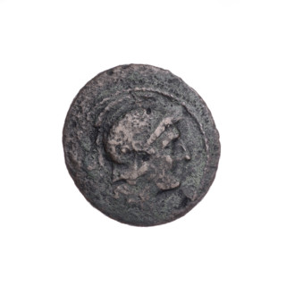 Obv. Head of Roma in an Attic helmet facing right; behind her the mark of value o. Pearl border.