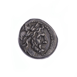 Jupiter (mythology), head of Jupiter; Wiktoria (personification) crowning trophies;