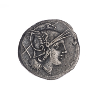 Denarius, 211 BC, Roman Republic (505–27 BC). Obverse: Head of Roma wearing a helmet facing right;