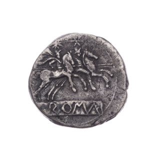 Denarius; obverse: head of Roma in helmet right, behind it the sign of value X, beaded border.