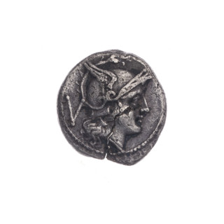 Quinary (publisher), Dioscuri on horses, Dioscuri (mythology), Roma (mythology). Obv. Head of Roma