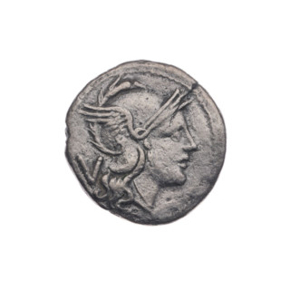 Obv. Head of Roma in a helmet to right; behind her the mark of value V. Pearl border. Rev. Dioscuri
