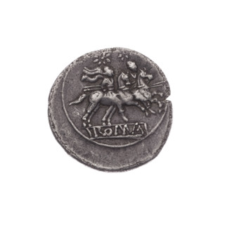 Quinary (coin), publisher; obverse: head of Roma in helmet facing right with value mark V behind;