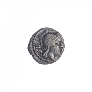 Sestertius; obverse: head of Roma in a helmet facing right; behind it the value mark IIS; pearl