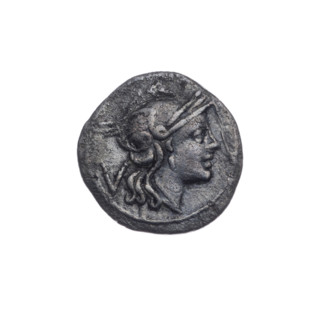 Quinary, publisher; Dioscuri on horses; Dioscuri (mythology); Roma (mythology). Obverse: head of