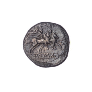 Quinary (denomination), publisher; Dioscuri on horses; Dioscuri (mythology); Roma (mythology).