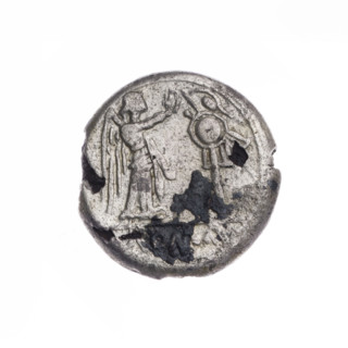 Plated coin depicting Victoria (personification) and Jupiter (mythology). Obverse: head of Jupiter
