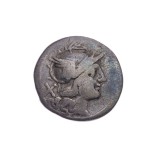 denarius; obverse: head of Roma wearing a helmet facing right; behind her the sign of value X;