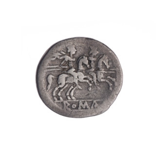 denarius; Dioscuri on horses; Roma (mythology); head of Roma; helmets. Obv. Head of Roma in a
