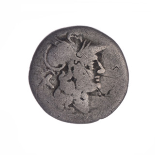 Denarius; obverse: head of Roma wearing a helmet facing right, behind her the sign of value X;