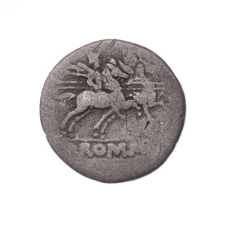 Denarius; obverse: head of Roma wearing a helmet facing right, behind her the value mark X; beaded