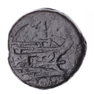 Head of Janus (iconographic) wearing laurel wreath; above value mark I. Continuous border. Reverse: