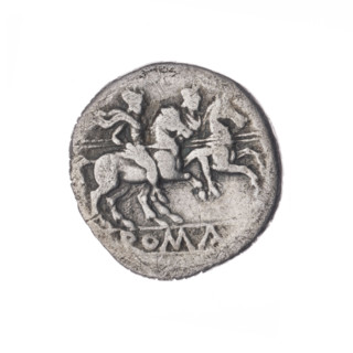 denarius; Dioscuri on horses; Dioscuri (mythology); Roma (mythology); horses; helmets; head of Roma