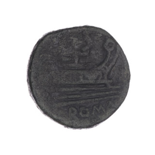 Obv. Head of Saturn in laurel wreath in right; behind it value mark S. Rev. Ship's prow in right;