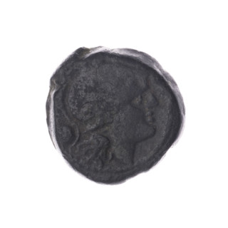 Obv. Helmeted head of Roma right; behind her mark of value o. Rev. Ship's prow right; above